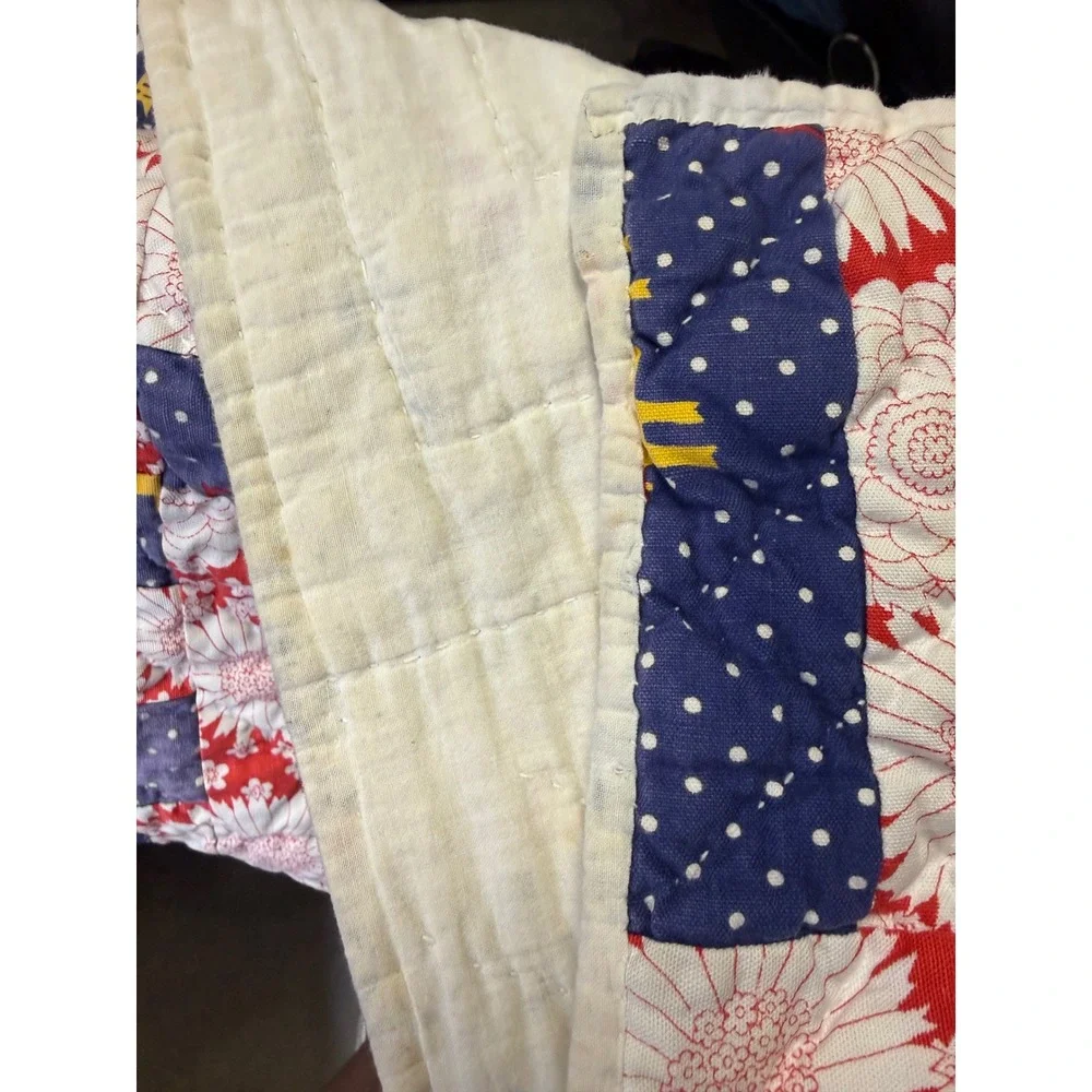 Vintage Handmade Patchwork Quilt Red White Blue Floral Giraffe Nursery Lap Throw